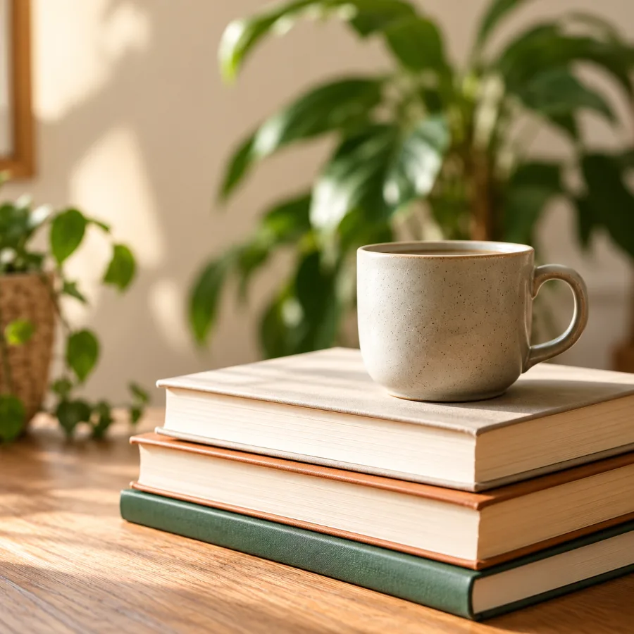 Join as an ARC Reader A coffee mug resting on a stack of books