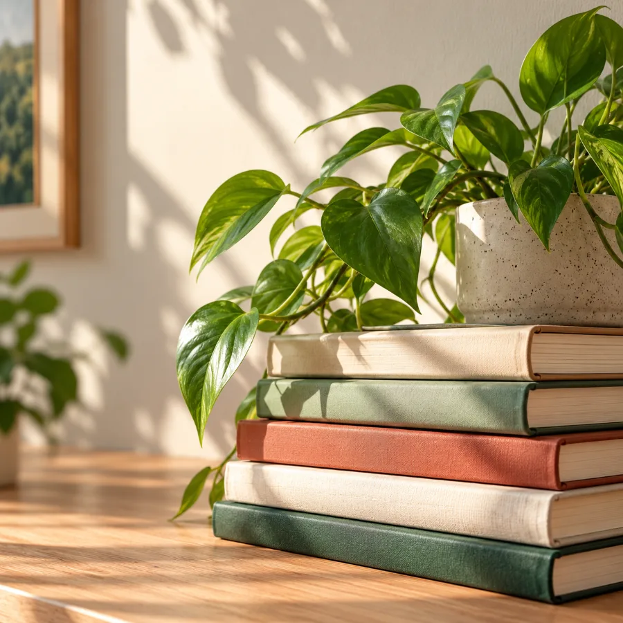 Books with a trailing houseplant in warm sunlight
